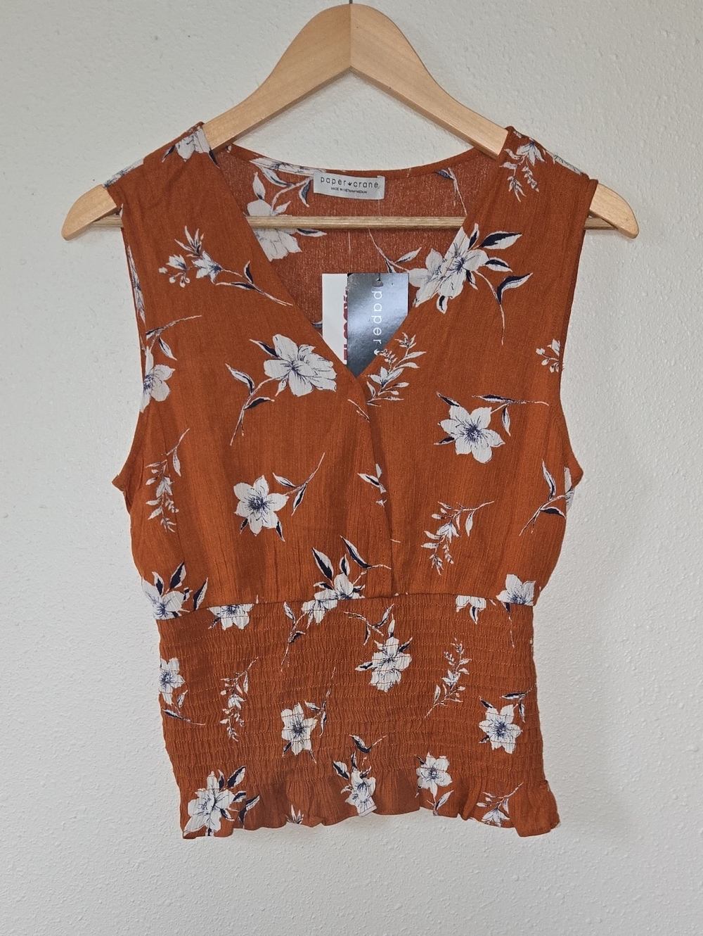 Paper Crane Rust Orange Floral V-Neck Smocked Waist Tank
